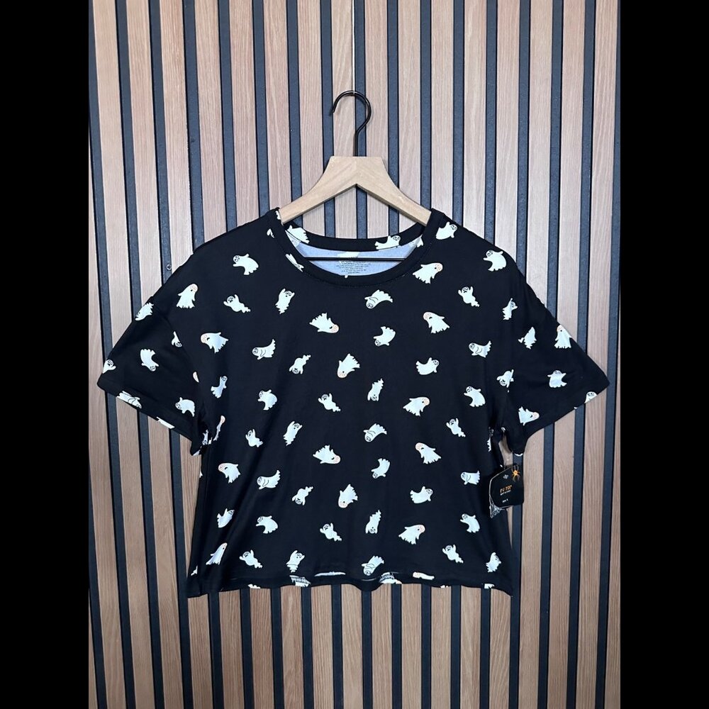 New Soft & Cozy PJ Top Large Womens Black Ghost All Over Print Spooky Crop Tee